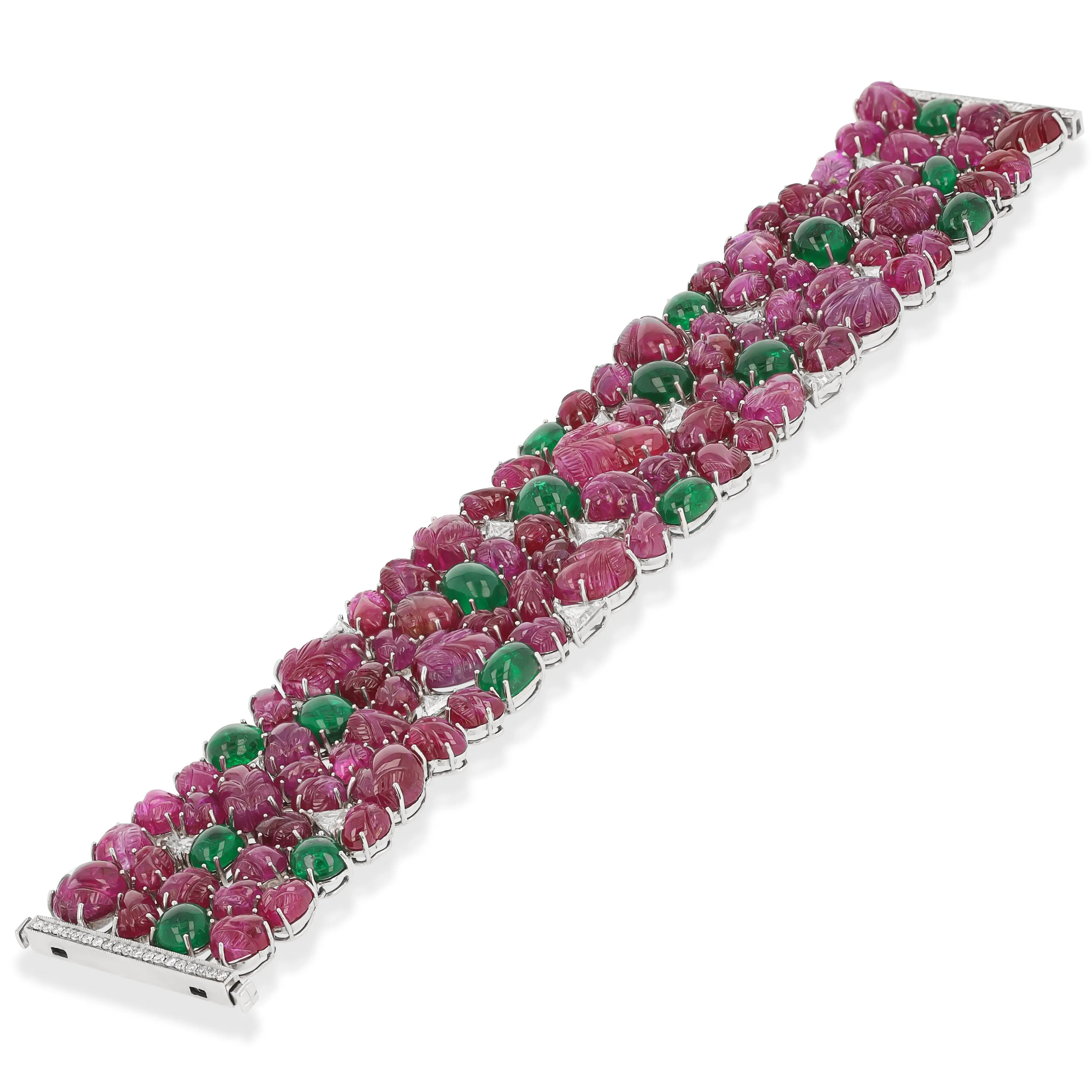 167.31 Carat Carved Ruby and Emerald Bracelet