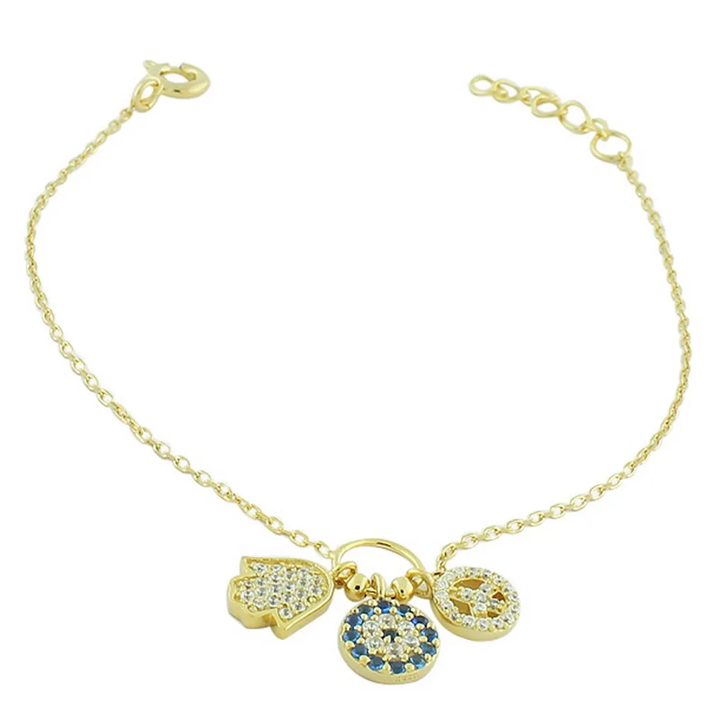 925 Sterling Silver Yellow Gold-Tone Hamsa Evil Eye Peace Link Chain Bracelet