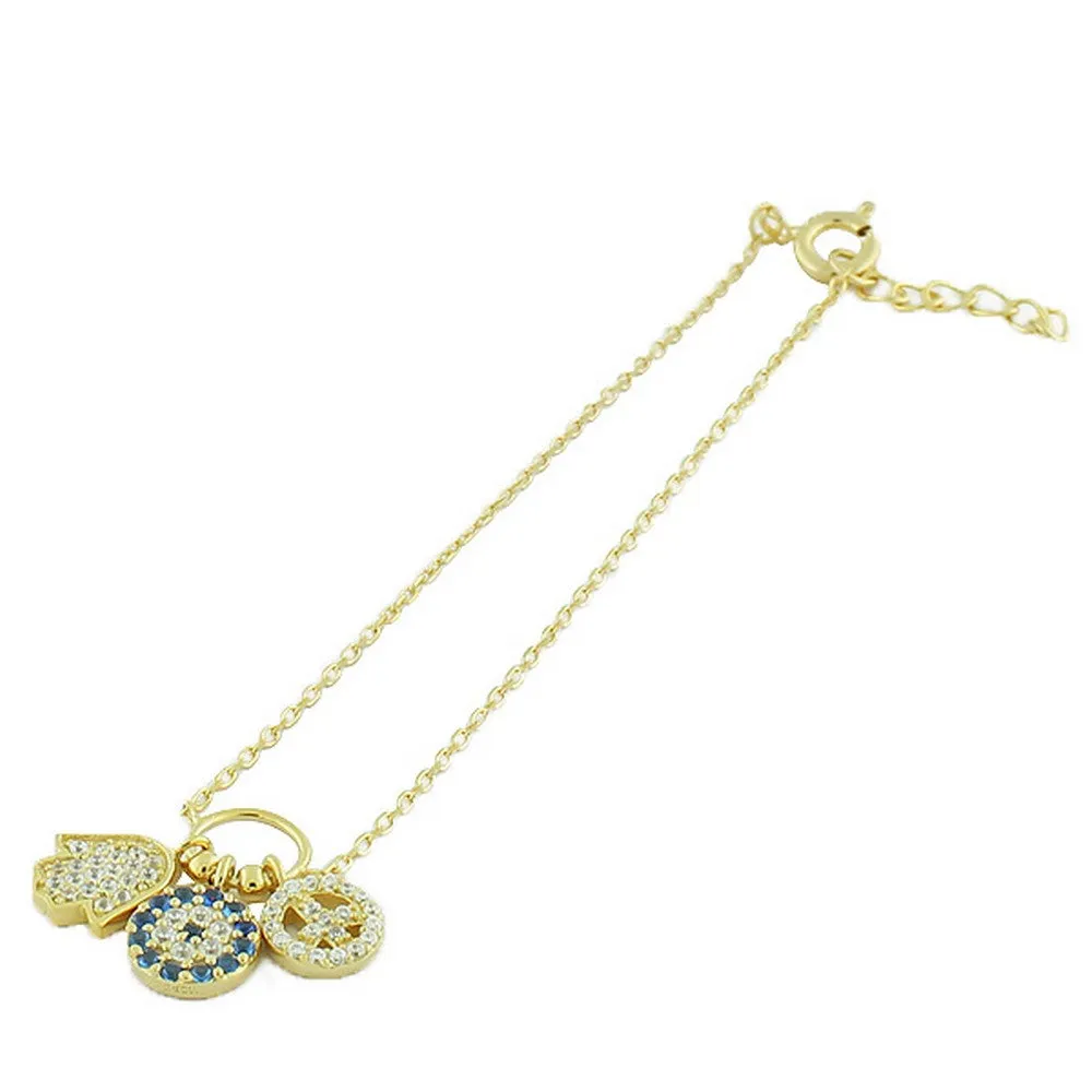 925 Sterling Silver Yellow Gold-Tone Hamsa Evil Eye Peace Link Chain Bracelet