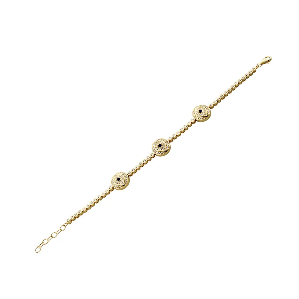 925 Sterling Silver Yellow Gold -Tone White Blue Bezel-Set CZ Evil Eye Womens Tennis Bracelet