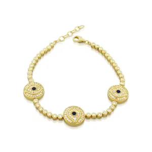 925 Sterling Silver Yellow Gold -Tone White Blue Bezel-Set CZ Evil Eye Womens Tennis Bracelet