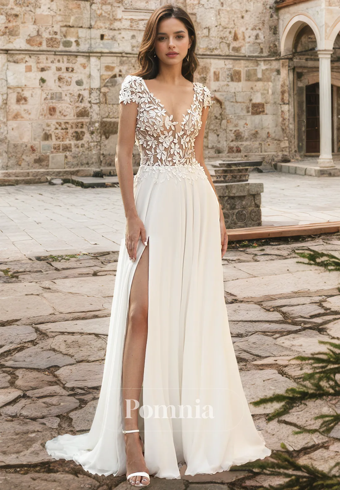 Gorgeous Short Sleeves V-Neck Corset Tulle Side Slit Backless Romantic Wedding Dress