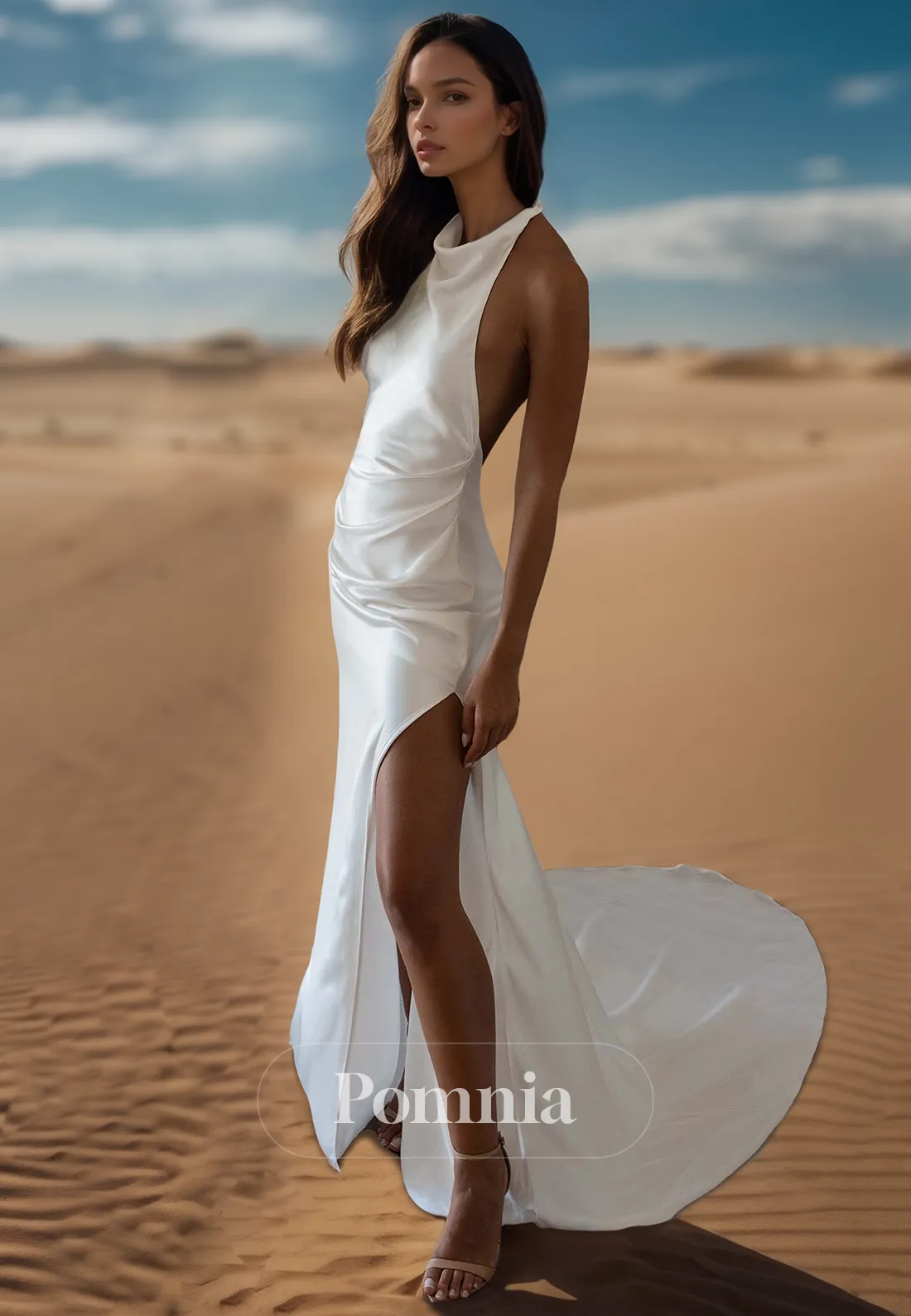 Halter Sleeveless Ruched Sweep Train Backless Sheath Wedding Dress
