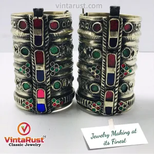 Massive Vintage Cuff Bracelet With Multicolor Glass Stones