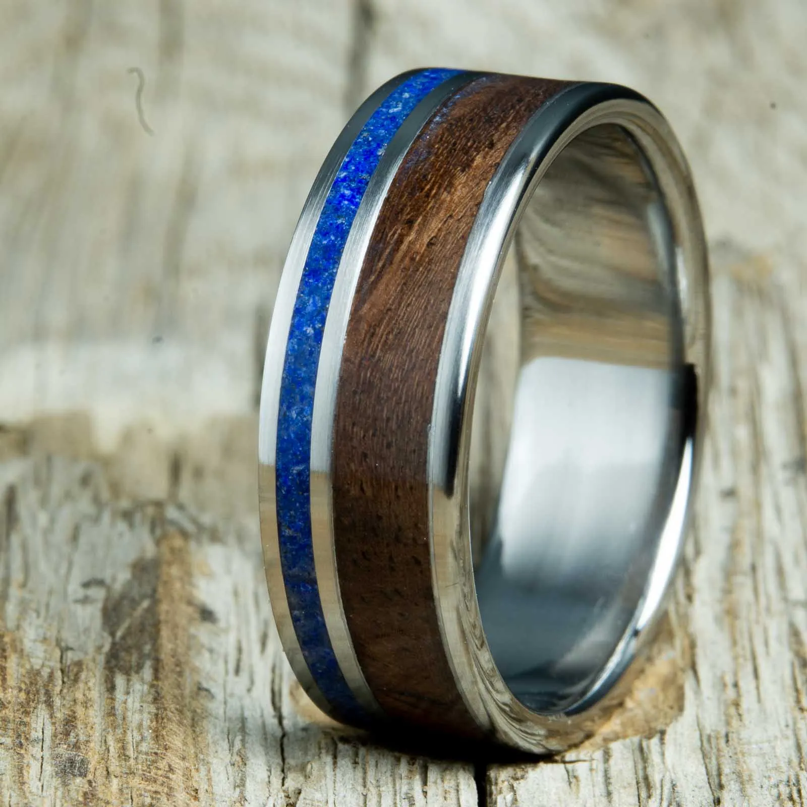 Walnut wood ring with single Lapis lazuli stone inlay