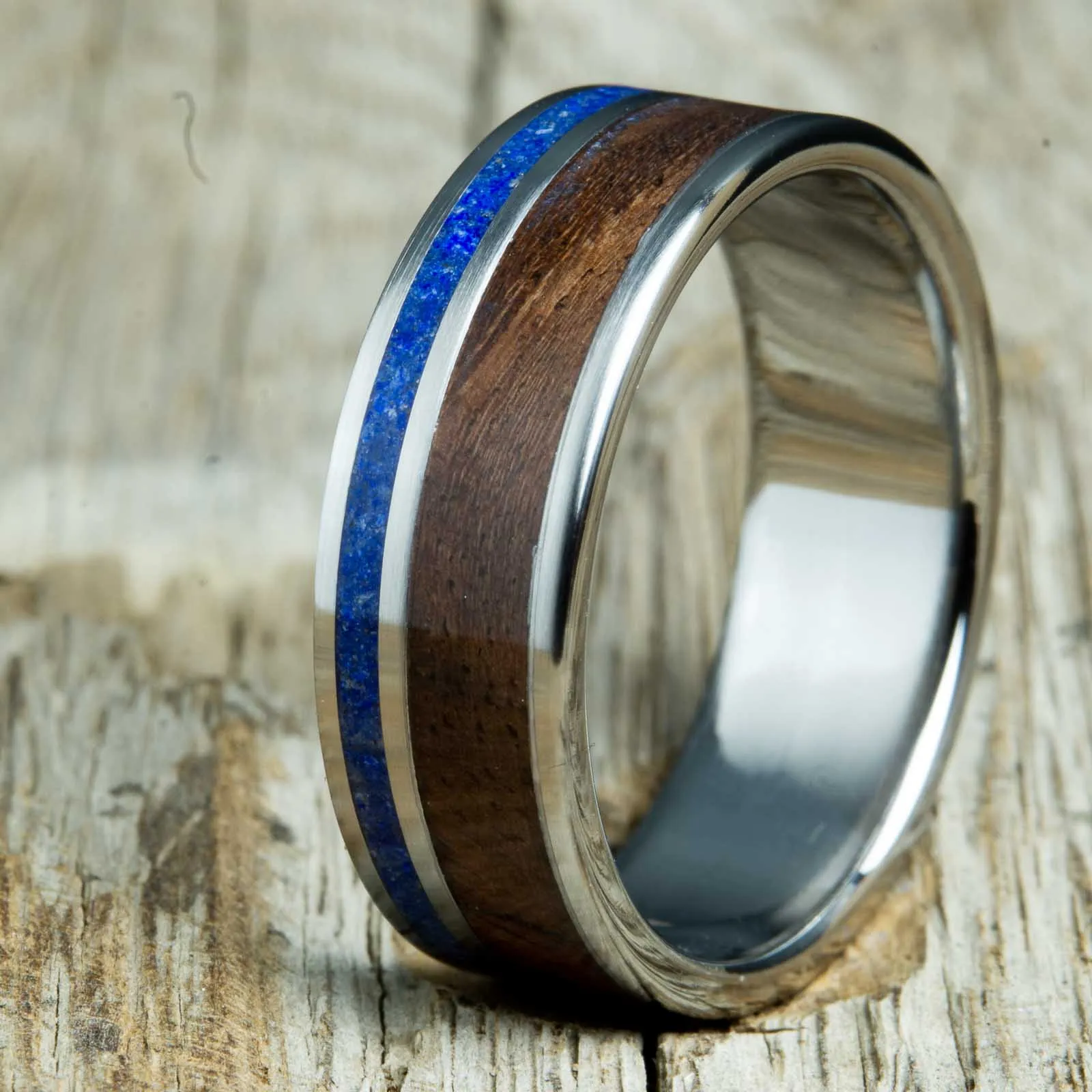 Walnut wood ring with single Lapis lazuli stone inlay