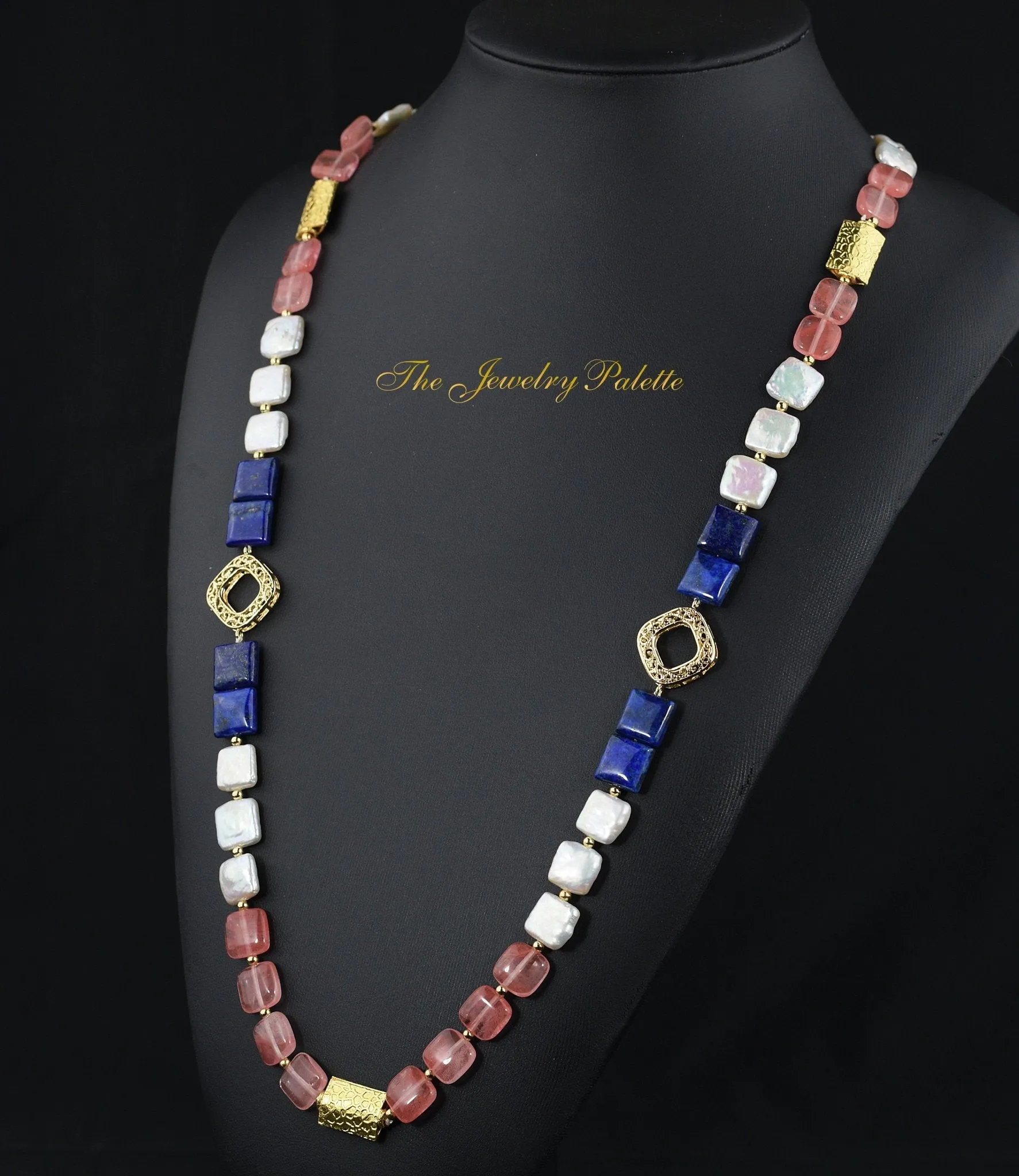 Zara white pearl, lapis lazuli and pink quartz necklace