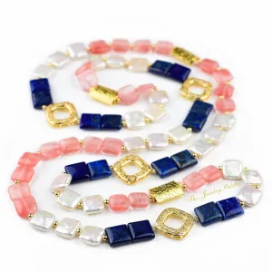 Zara white pearl, lapis lazuli and pink quartz necklace