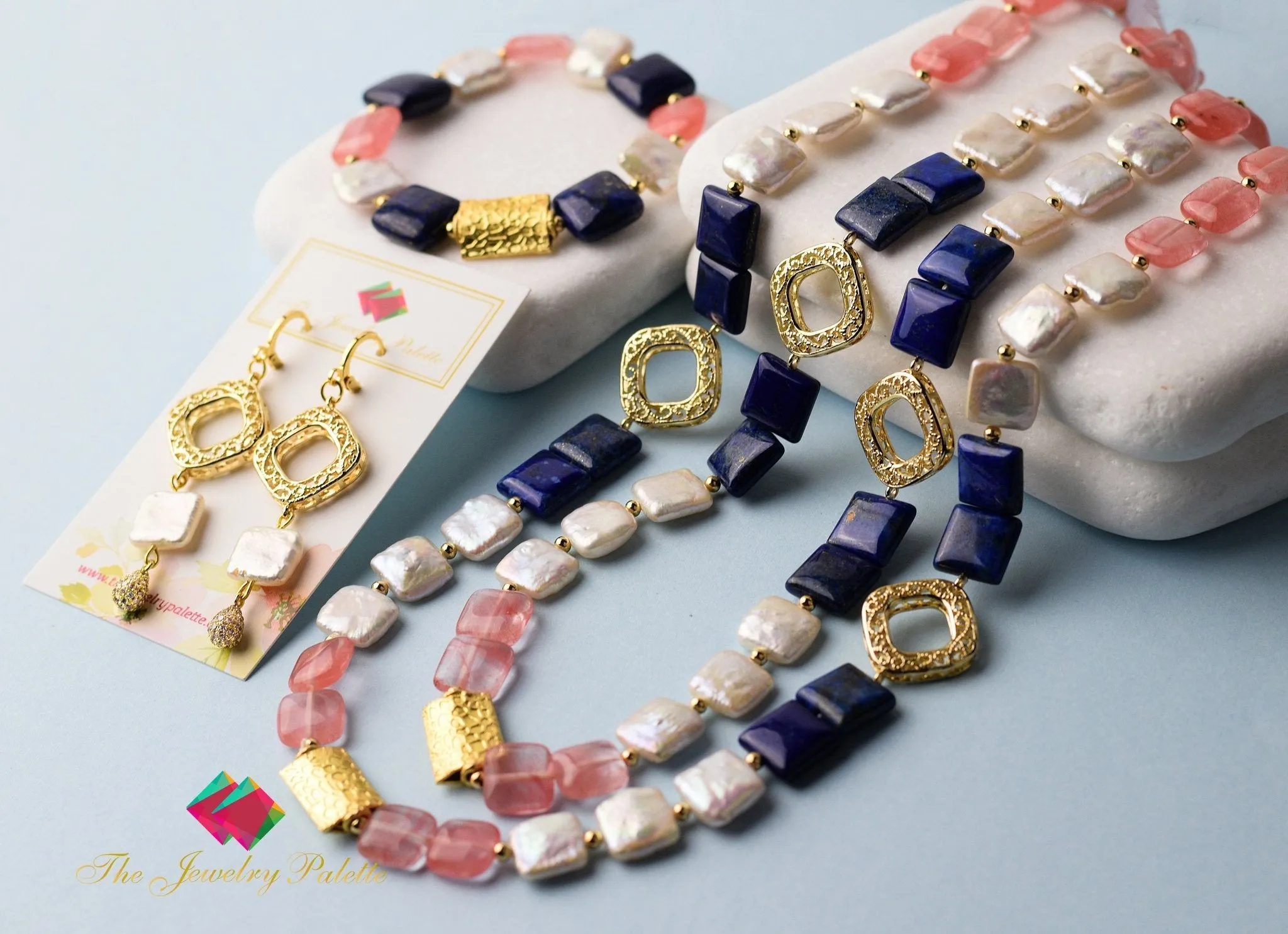 Zara white pearl, lapis lazuli and pink quartz necklace