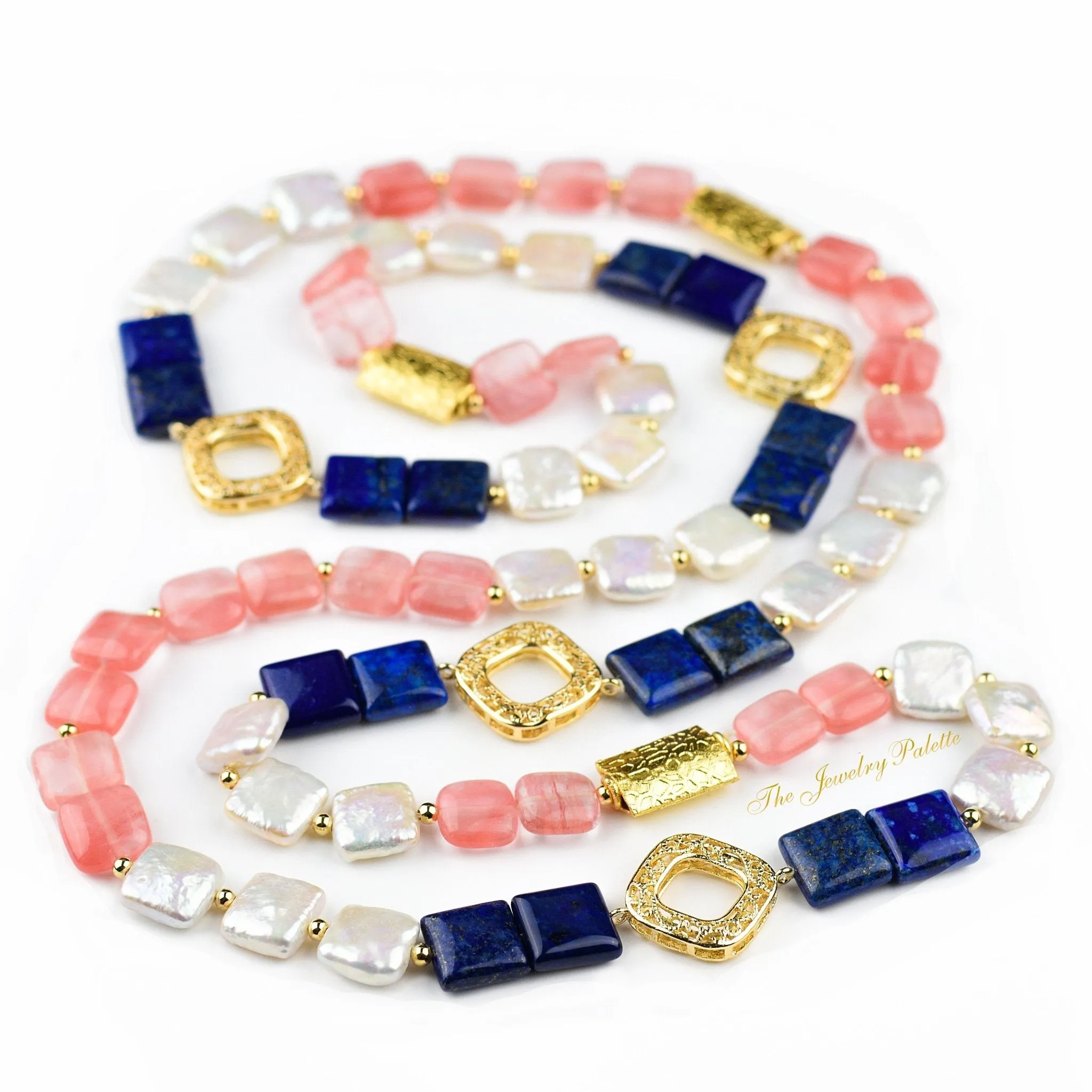 Zara white pearl, lapis lazuli and pink quartz necklace